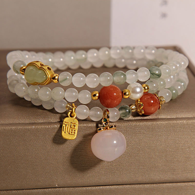 New Chinese-style Tianshan jade multi-layer jade bracelet for women, ins, niche, light luxury and high-end style, gourd and peach beaded bracelet Specification image