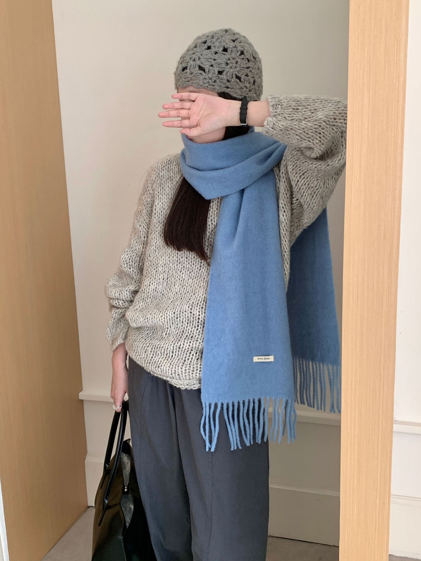 新款羊毛混纺围巾女秋冬保暖纯色百搭韩版时尚高级感流苏梭织围脖详情38