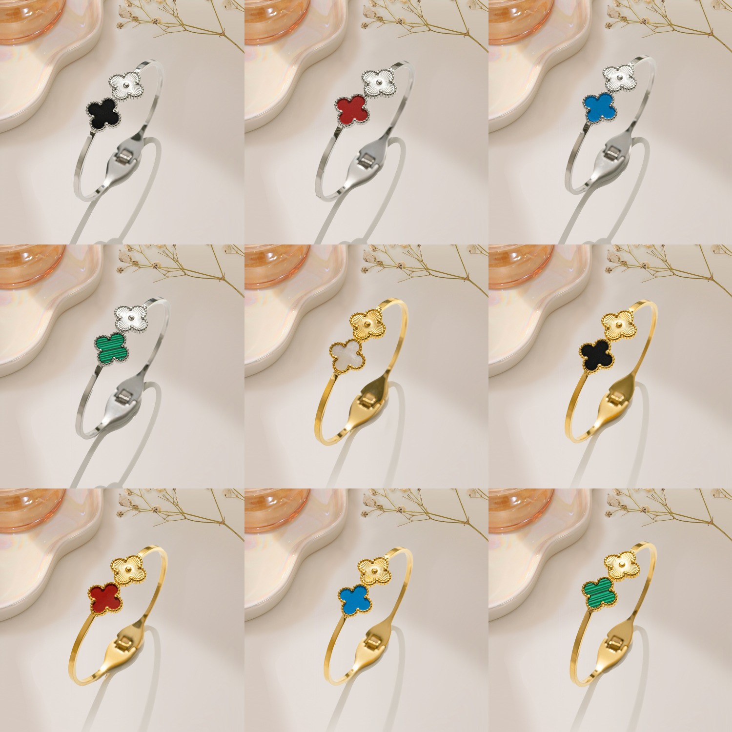 【 All-titanium Steel 】 European and American cross-border diamond-encrusted mother-of-pearl bracelet with spring opening and four-leaf clover personalized jewelry that does not fade details Picture