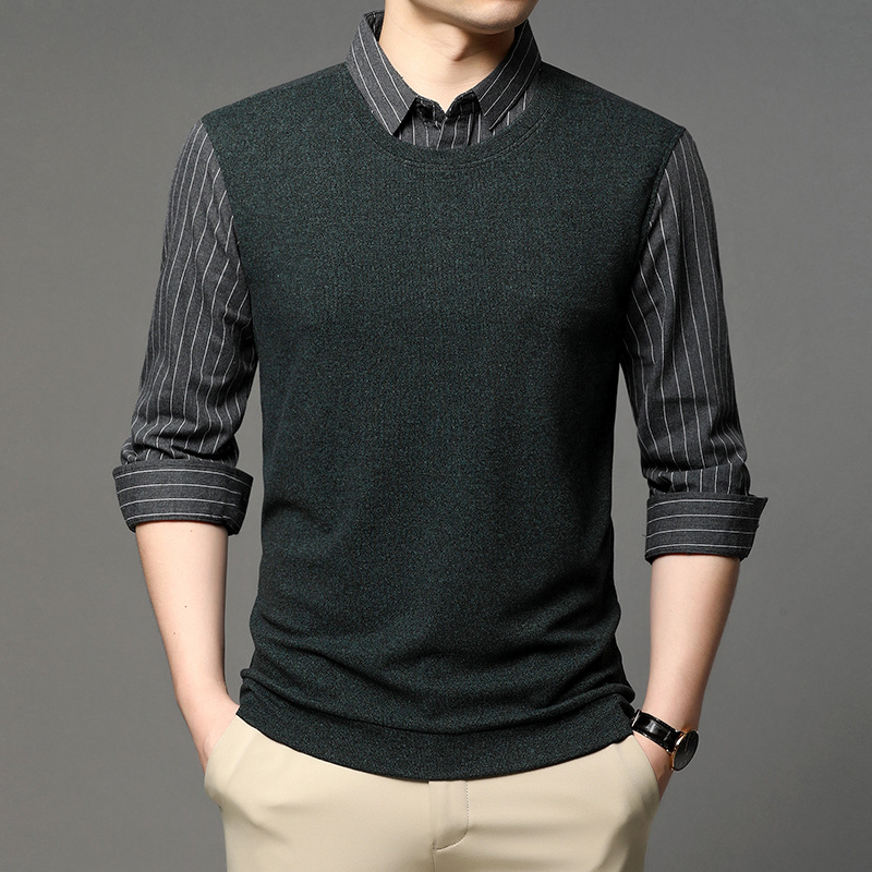 Spring and Autumn new style two-piece knitted long-sleeved T-shirt, fashionable Korean version business lapel base layer for middle-aged and young men A551 Specification image