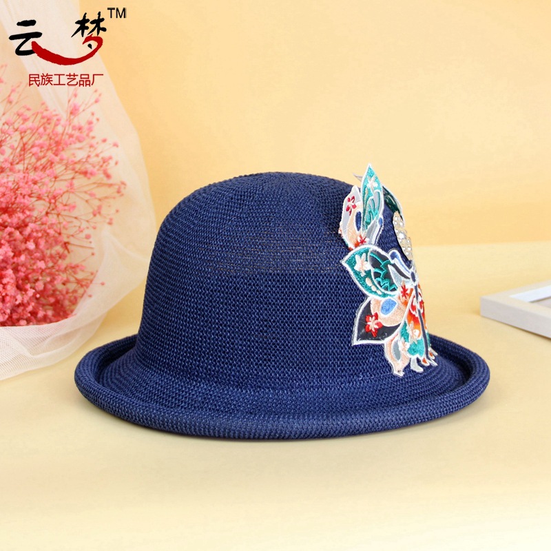 "National trend, ethnic style, ancient style, retro Chinese style, fresh and delicate embroidered hat, breathable round top hat with curled edges, dance stage hat girl. details Picture