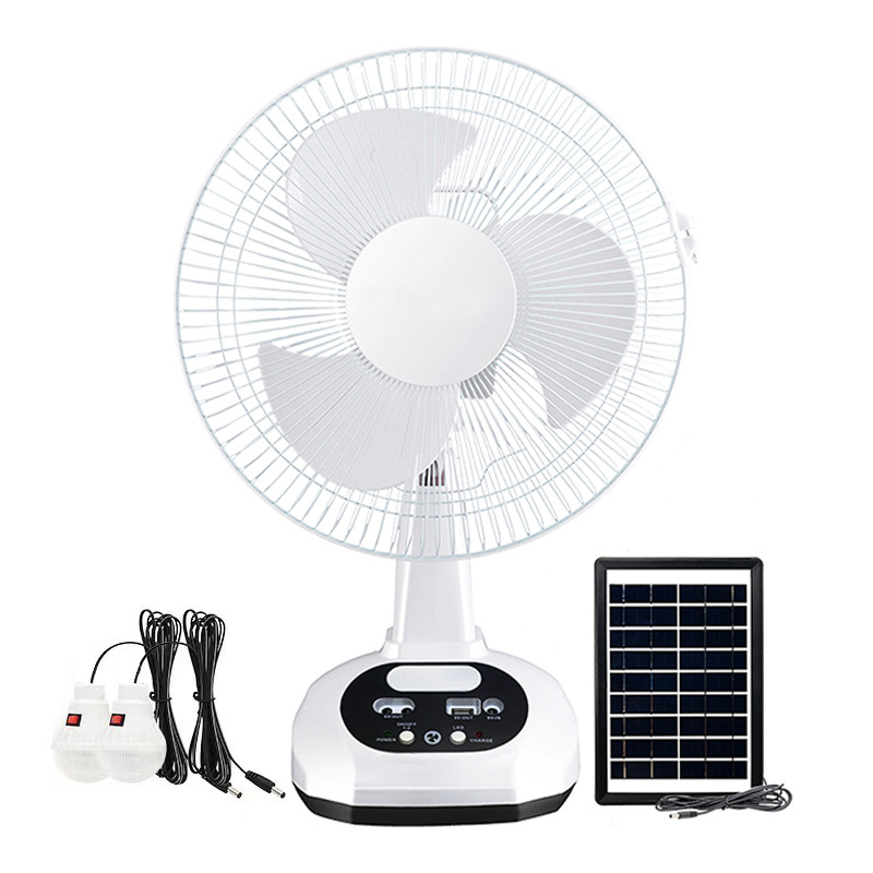A 12-inch solar-powered charging fan set, a long-lasting, strong wind force portable home outdoor table fan, a bestseller in foreign trade