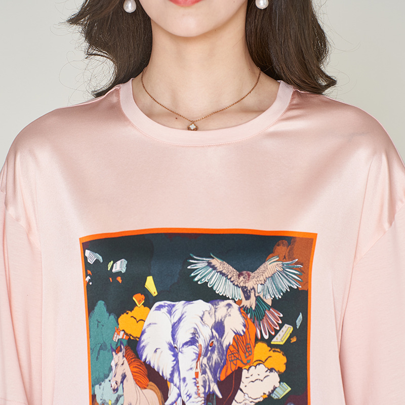 Heavyweight silk top, mulberry silk short-sleeved T-shirt, women's summer 2022 new style base layer, round-neck printed women's wear Application Scenario