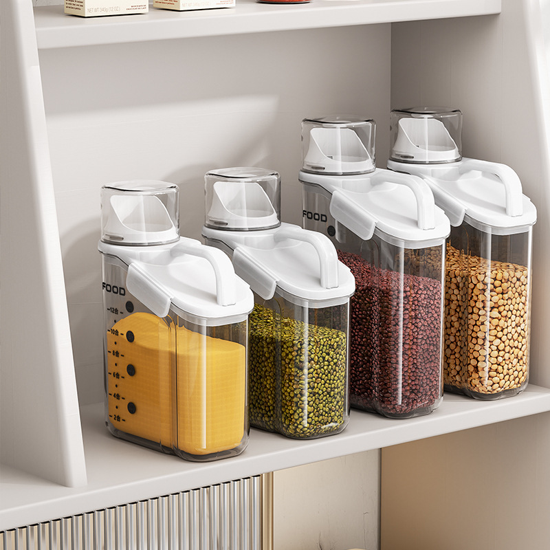 Japanese-style portable sealed multi-grain jar, kitchen multi-functional five-grain bucket, transparent measuring cup, wooden bucket, small rice storage bucket Item Picture