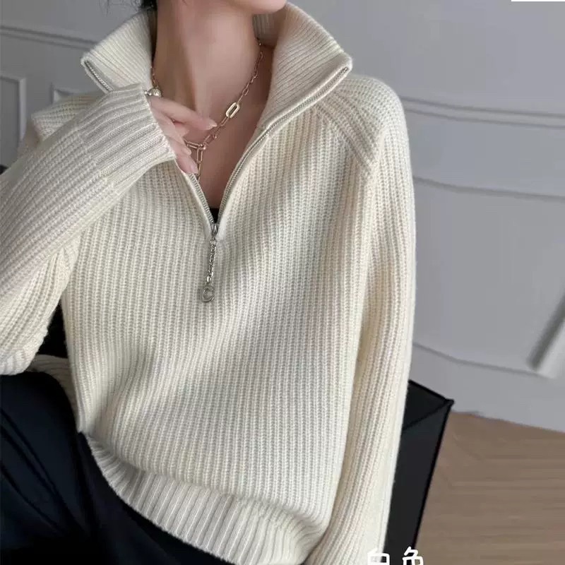 Otoño invierno nuevo suéter holgado estilo grueso diseño de moda sentido de solapa cremallera color sólido jersey de punto para mujeres suéter pic 2