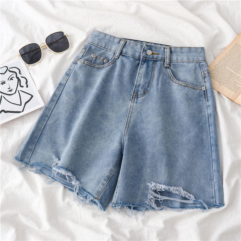 跨境台湾现货韩版小个子破洞裤宽松显瘦直筒五分中裤高腰牛仔短裤