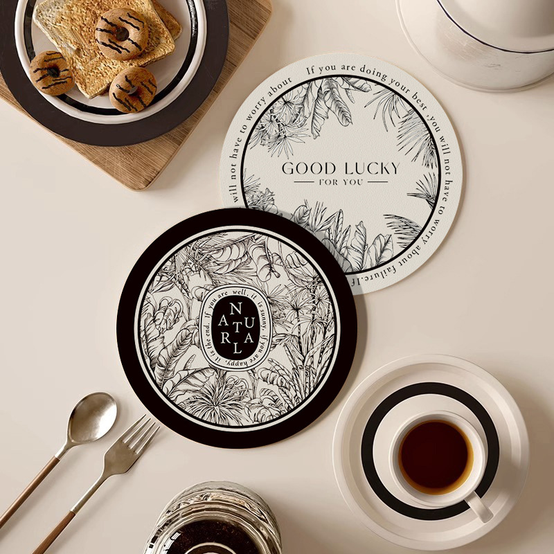 黑白复古皮革吸水杯垫硅藻泥隔热餐垫轻奢高级感碗盘垫咖啡垫茶杯