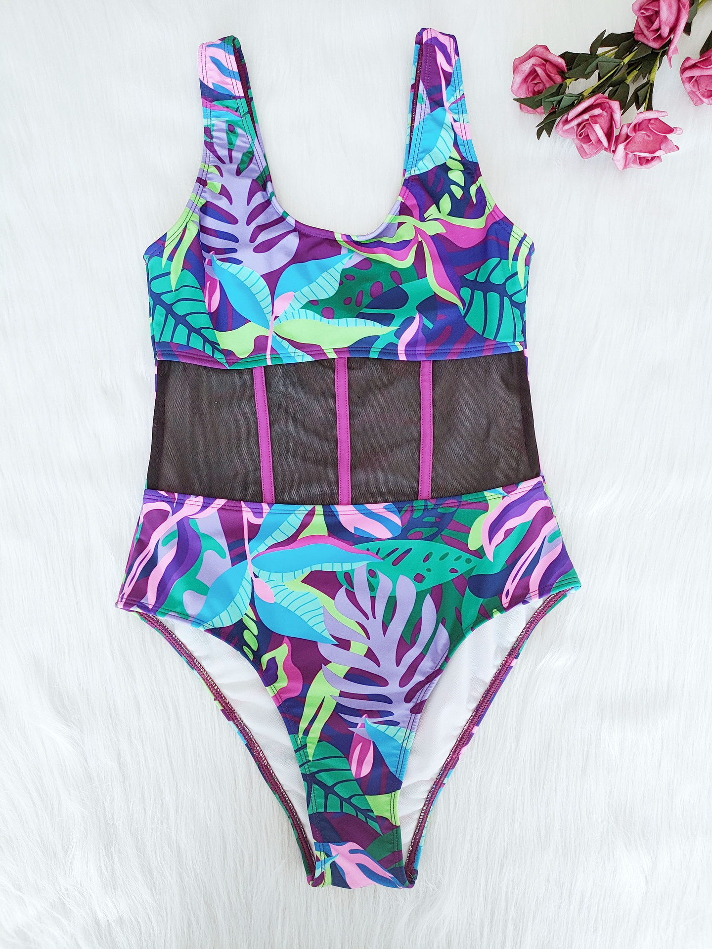 凯金登 Speedo 连体印花泳衣女外贸新款欧美爆款性感腰部半透明清凉泳装 2213