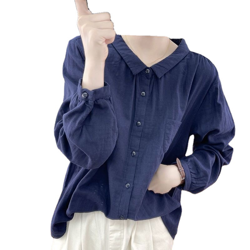 秋季新款韩国纯棉长袖衬衫女式宽松减龄显瘦上衣通勤复古打底衬衣详情图5