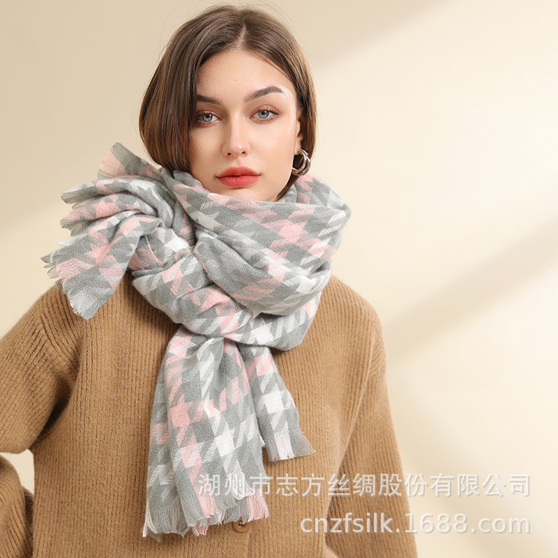 Autumn And Winter New Big Thousand Bird Check Scarf For Women Warm Thick Students Imitation Cashmere Plaid Scarf Jacquard Shawl details Picture