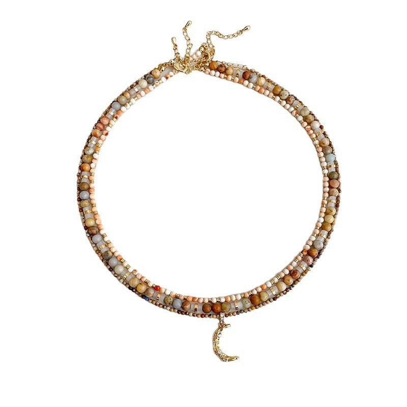 This is a new retro small-sized amine natural stone moon pendant beaded necklace that is versatile for women and can be layered for a high-end look Item Picture