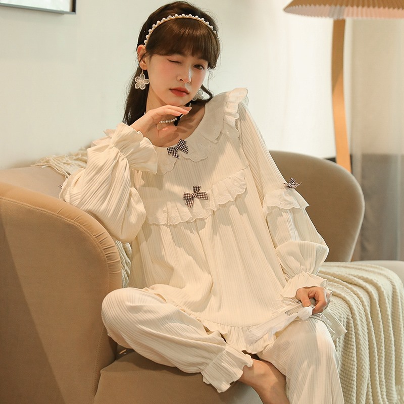 Pajama women's spring, autumn and winter long-sleeved and long-pants set, Korean style court style sweet princess style cotton women's home wear