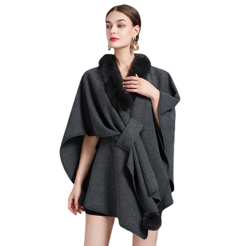 829# Factory Direct Sales New Imitation Rex Rabbit Fur Collar Cape Cape Women Loose Knitted Cardigan Large Size Wool Coat Item Picture