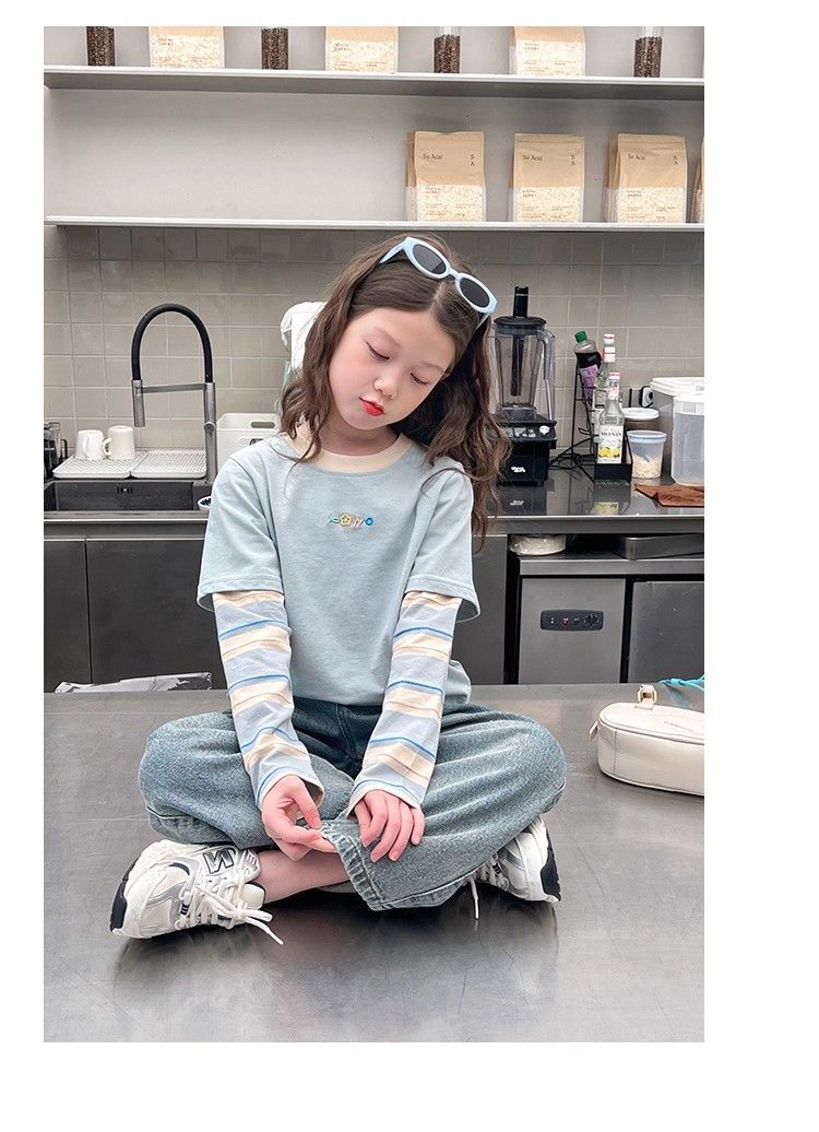 女童假两件上衣洋气t恤儿童网红长袖打底衫中大童装2025新款代发详情10