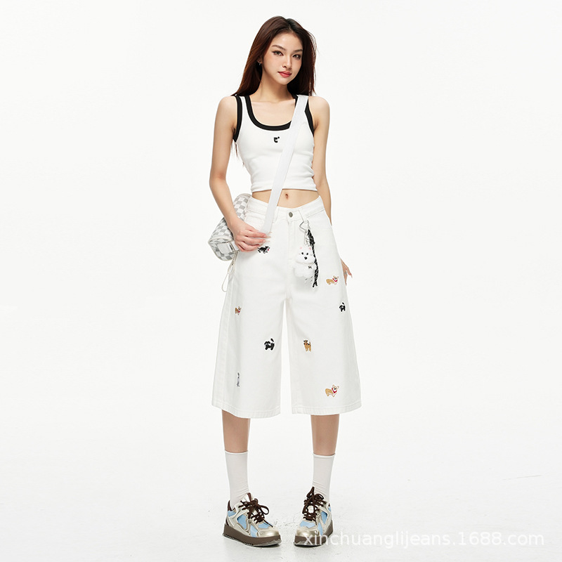 Xintang, the capital of cowboys, features dog embroidery, cowgirl hip-hop, summer design sense, semi-elastic and tight wide-leg straight-leg capri pants Application Scenario