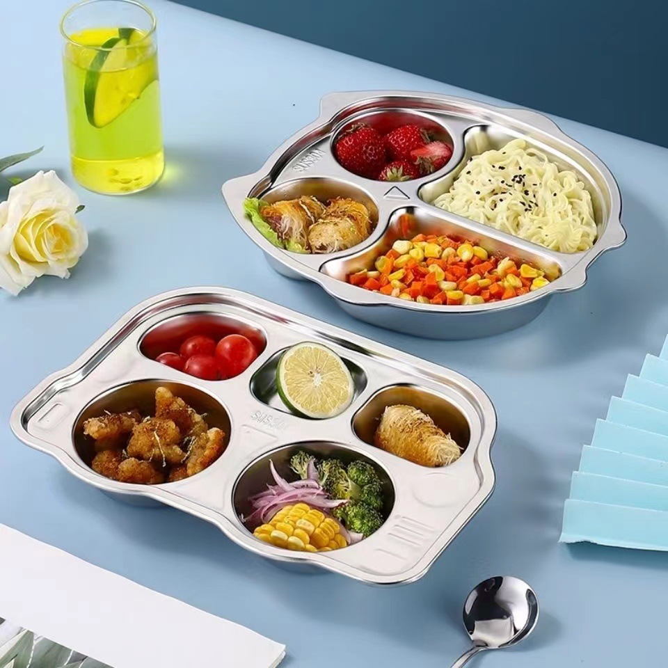 304 Stainless Steel Plate Kindergarten Special Dinner Plate Children's Baby Cartoon Tableware Divided Into Three Grid Plate Four Grid details Picture
