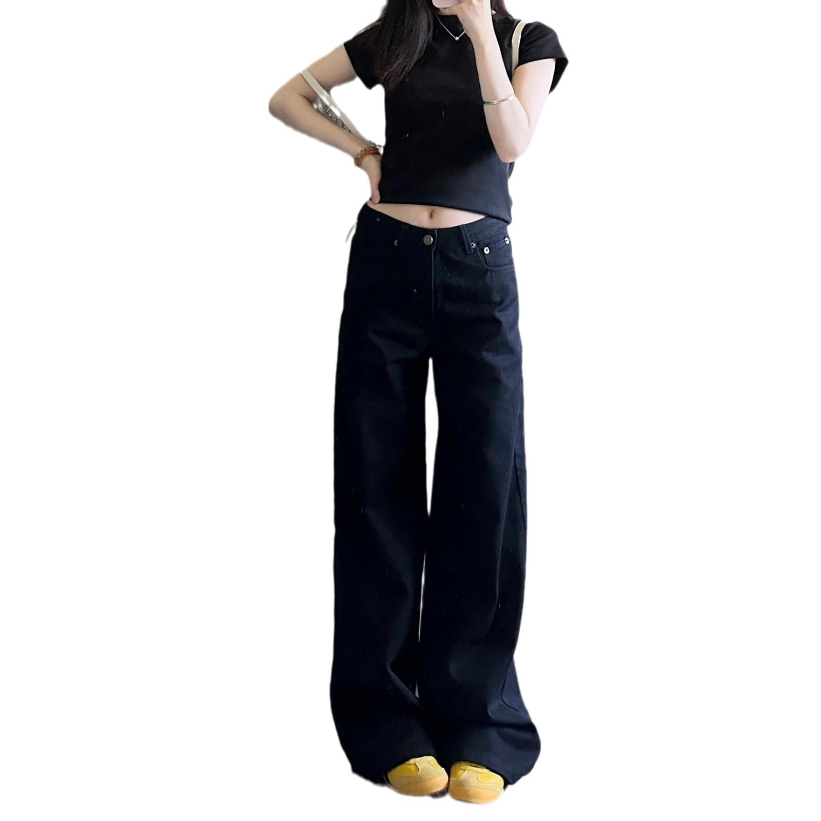 American black straight-leg jeans for women, new autumn 2024 collection, high-waisted, loose, slimming, wide-leg floor-length pants Item Picture