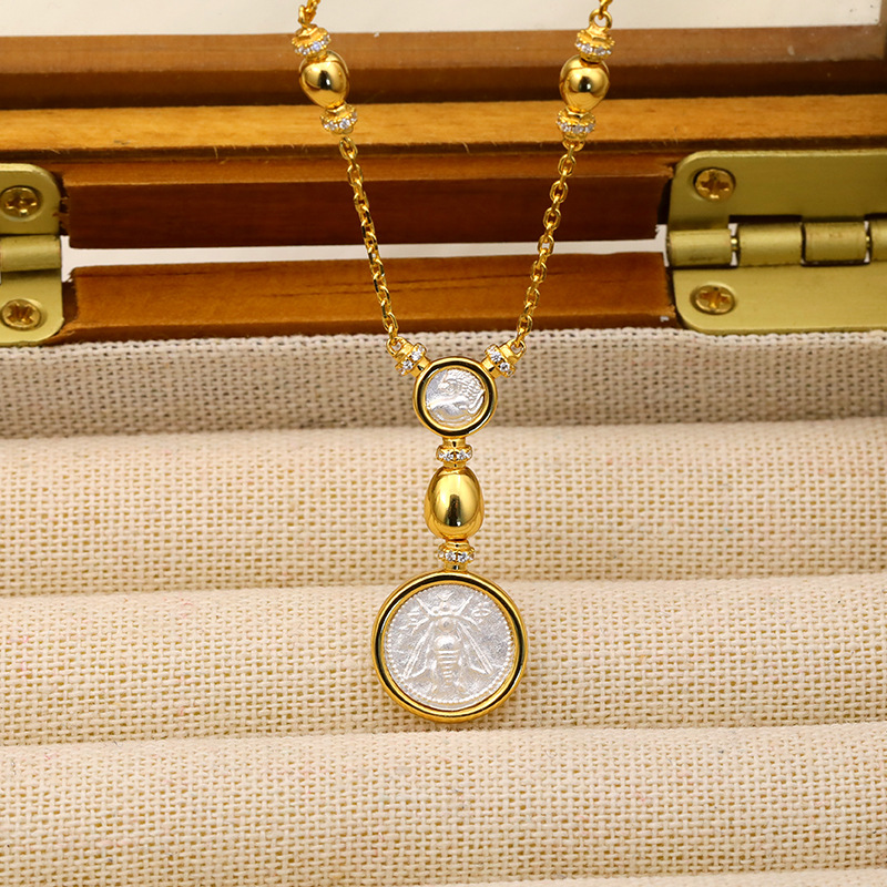 直播爆款中古风回首狮蜜蜂双币项链高级感925银镀金轻奢吊坠颈饰