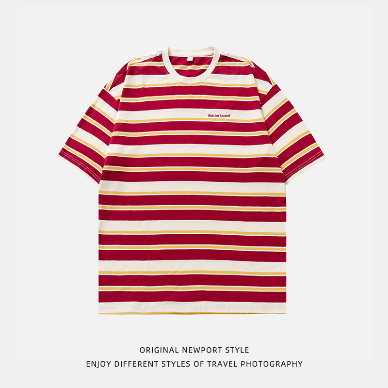 Hanlu men's retro striped short-sleeved T-shirt, men's summer couple wear, women's loose letter-embroidered trendy brand T-shirt Item Picture