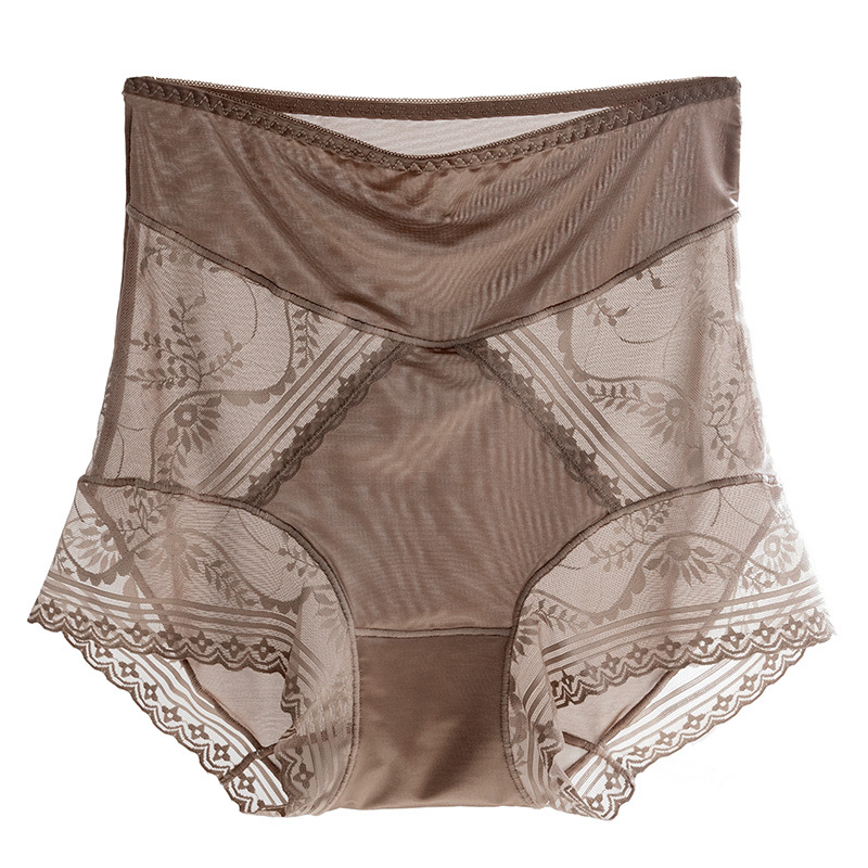 Women's high-waisted, belt-cinching, hip-lifting, pure cotton crotch, seamless ice silk satin lace briefs Item Picture