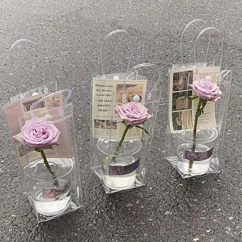 批发pvc花袋摆摊鲜花袋子透明手提袋奶茶包装袋杯花袋子教师节
