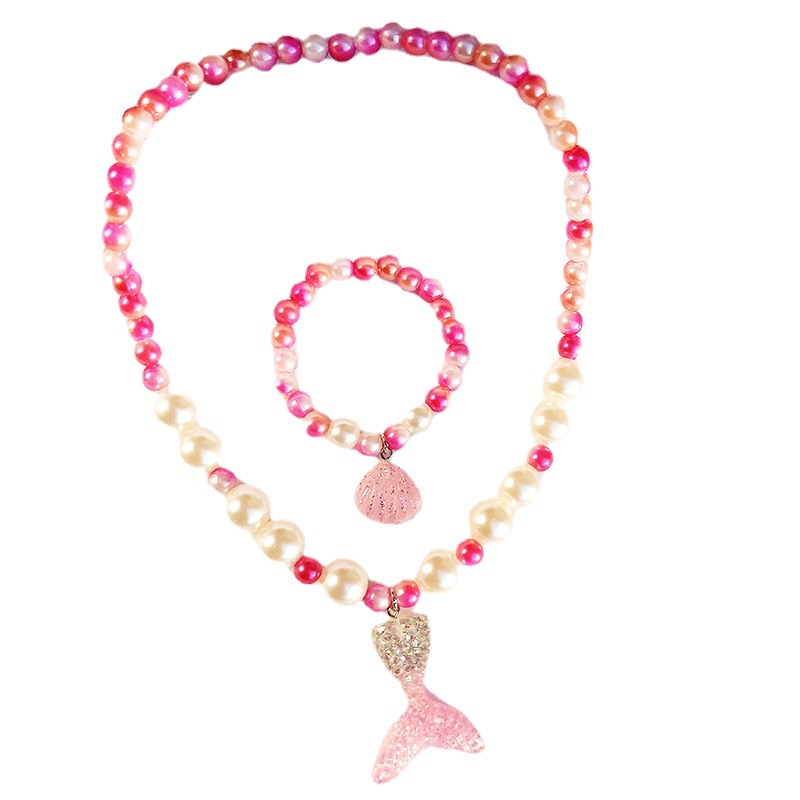 Wholesale of Marine shell bracelet, colorful fishtail necklace, gradient color pearl mermaid children's bracelet and necklace set Item Picture
