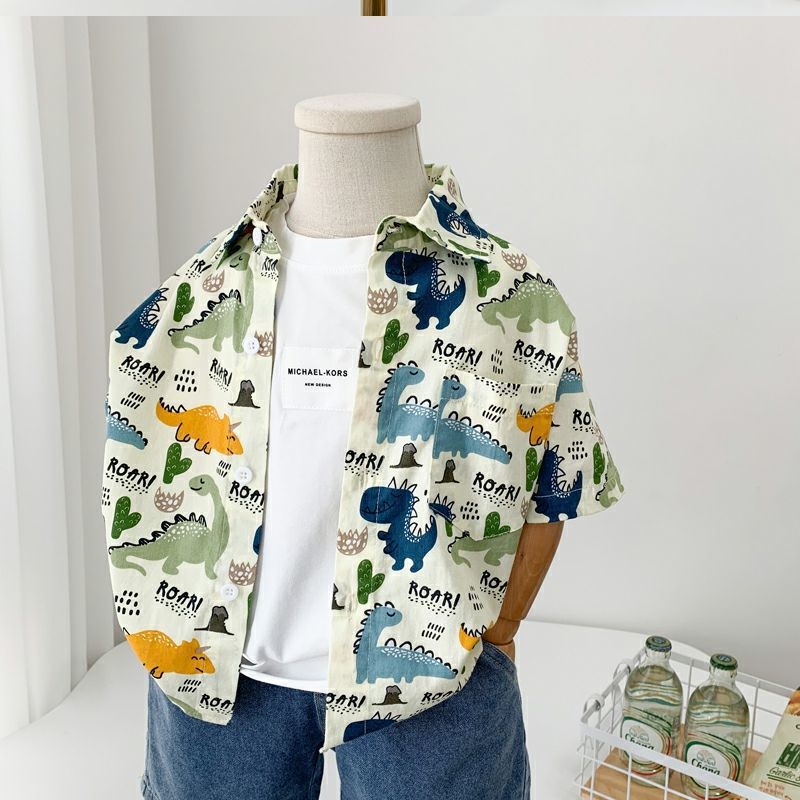 Boys' cartoon dinosaur shirt 2024 Summer new style small and medium-sized children's cool thin shirt, children's pure cotton top trendy details Picture