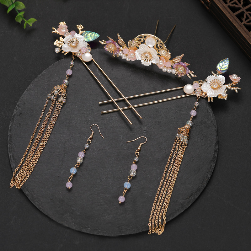 Hanfu headwear, super fairy girl, tassel hairpin, complete set of ancient-style accessories, step hairpin, comb, ancient-style hair accessory set details Picture