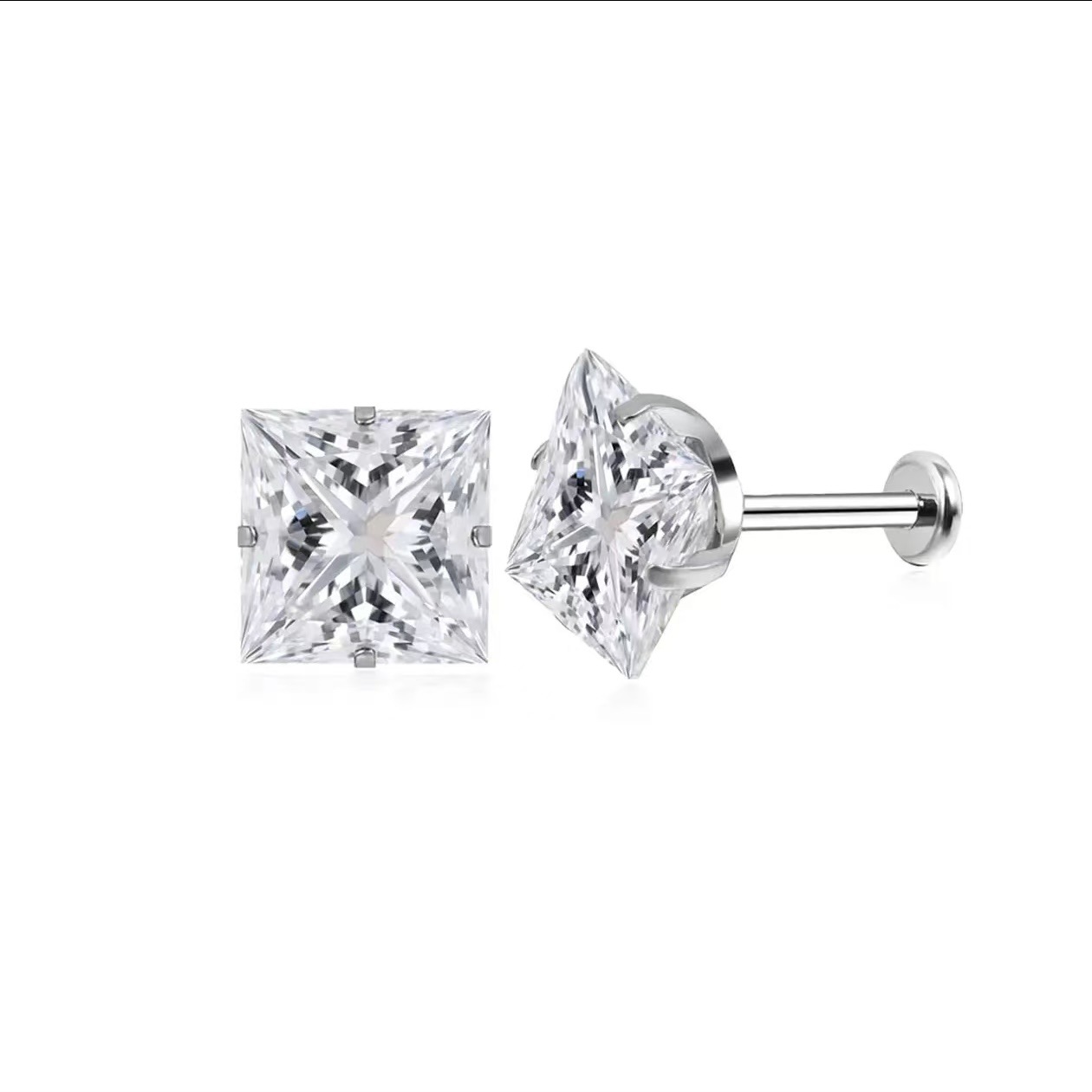 WlC Zircon small ice cube titanium steel embedded with ear-piercing flat screw ear studs for men and women, a niche, light luxury and high-end feel