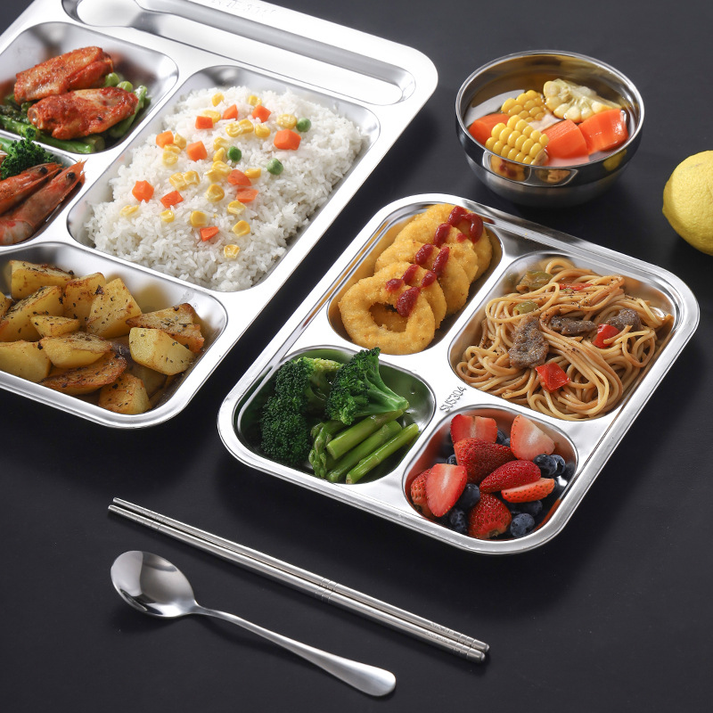 304 stainless steel plates, Chinese children's fast food plates for canteens, adult vegetable plates, thickened square compartments for students details Picture