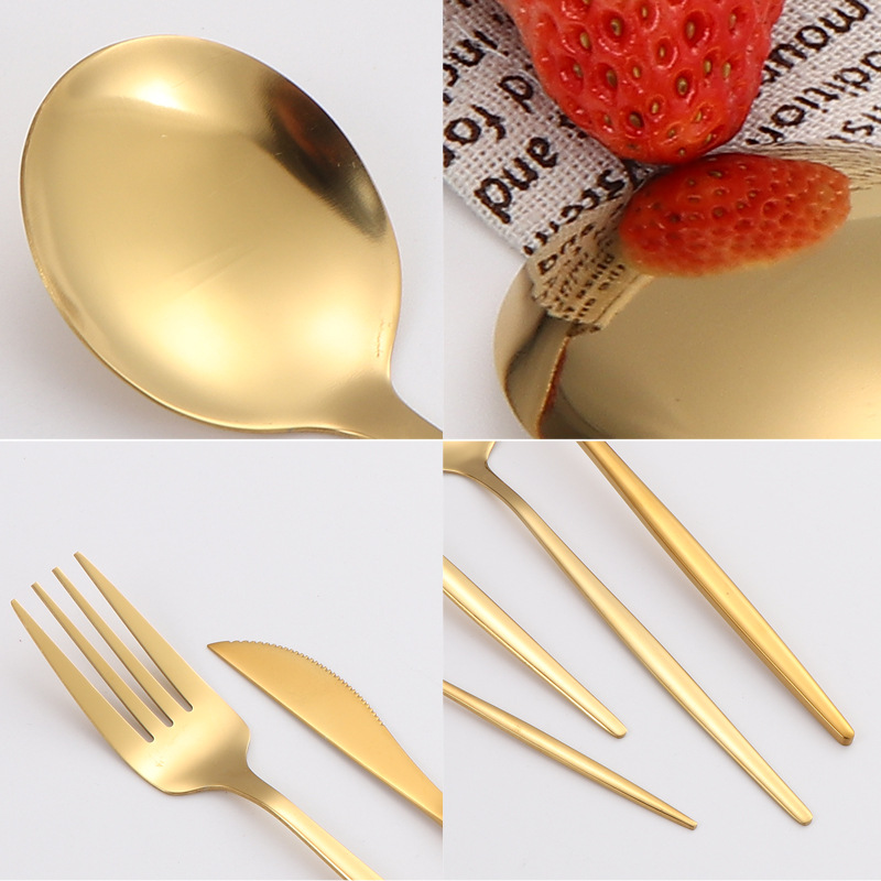 Cross-Border Portugal Stainless Steel Knife, Fork And Spoon Gift Box Set Western Food Golden Steak Knife And Fork 24-Piece Tableware Set details Picture