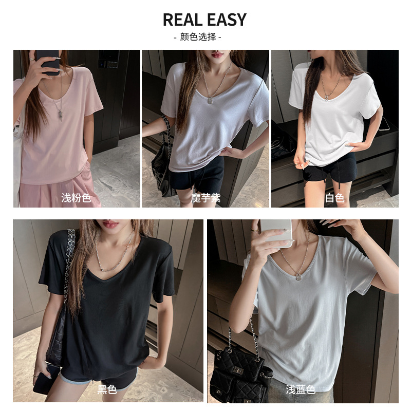 2025 New versatile short-sleeved T-shirt for women's summer loose Korean-style straight shoulder V-neck hot girl white top base layer thin details Picture