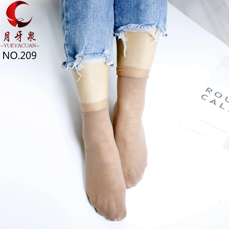 月牙泉209 女士蕾丝花边夏季薄款钢丝面膜中短筒丝袜透明女对对袜详情图2