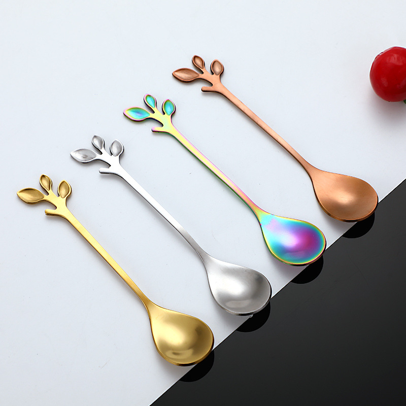 Creative stainless steel coffee whisker, European leaf spoon, fruit fork whisker, dessert fruit fork, golden coffee spoon details Picture