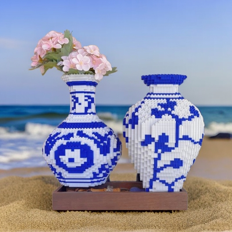 国潮青花瓷瓶积木兼容乐高立体摆件小颗粒拼图儿童益智拼装玩具潮玩