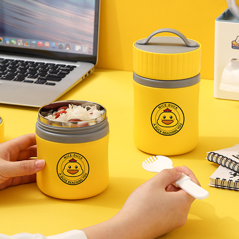 Yellow duck joint breakfast cup with lid 304 stainless steel thermal porridge cup soup cup wholesale office milk cup 01216WY9052 full figure