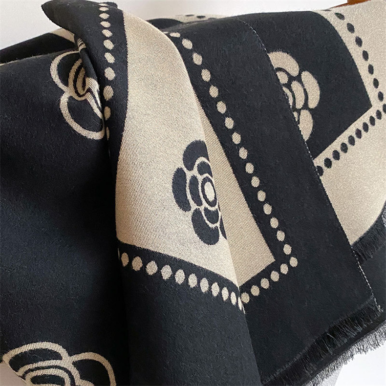 Classic Camellia Imitated Cashmere Scarf Autumn And Winter Everything With Thick Warm Neck With Shawl Small Fragrance Specification drawing