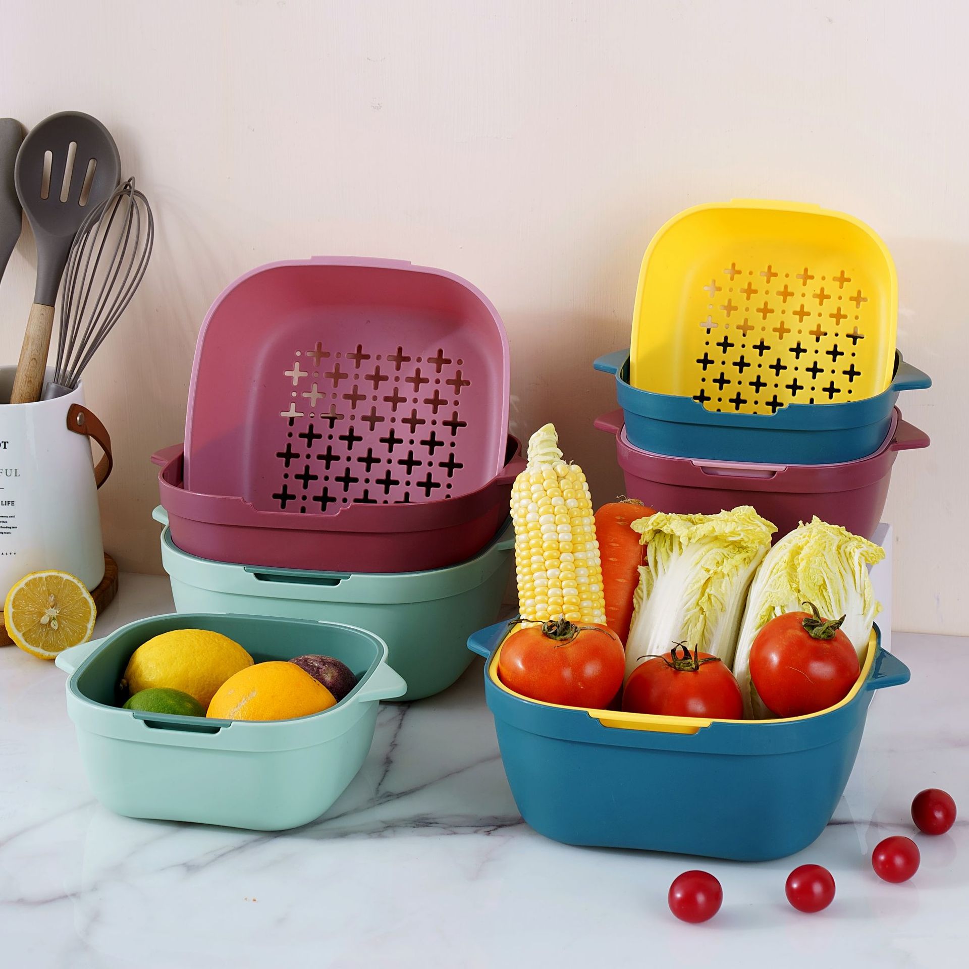Nordic-style double-layer plastic draining basket sink, Nordic-style household fruit washing plate square basket Specification image