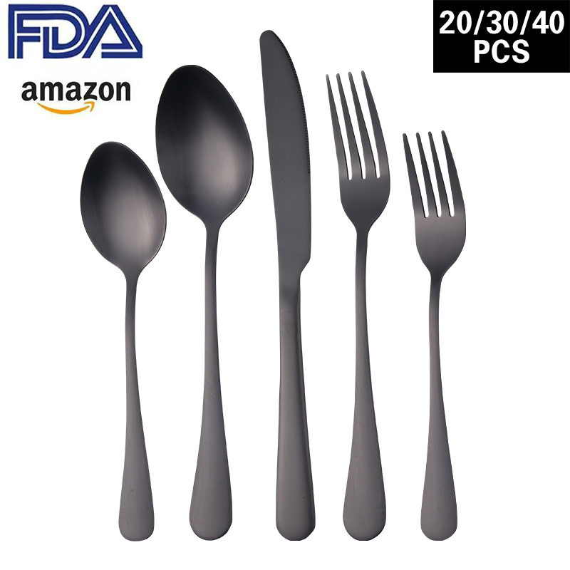 亚马逊跨境1010不锈钢餐具套装 镀钛哑光黑西餐牛排刀叉勺五组件图
