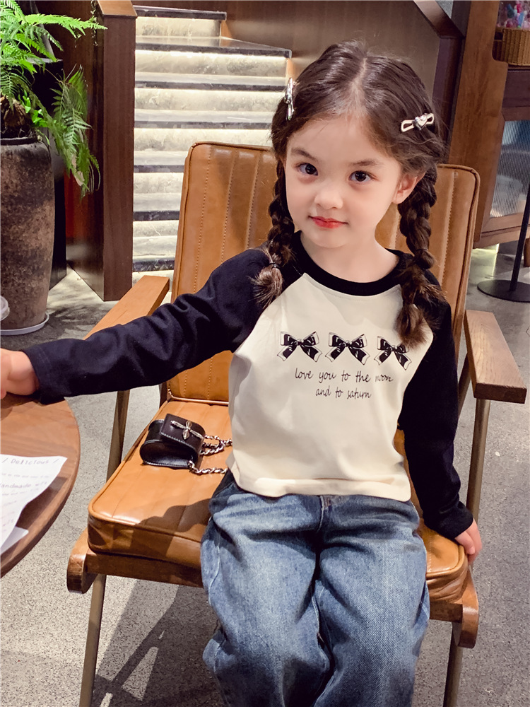 女童长袖T恤春装2025新款洋气儿童插肩袖撞色上衣女孩百搭打底衫详情1