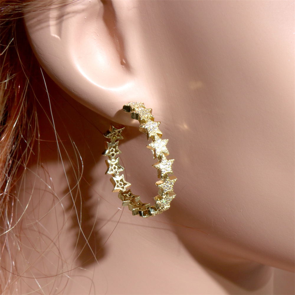 Cross-Border New Star C-Shaped Earrings Copper Micro-Inset Zircon Personality Exaggerated Big Ear Earrings Ins Ear Accessories