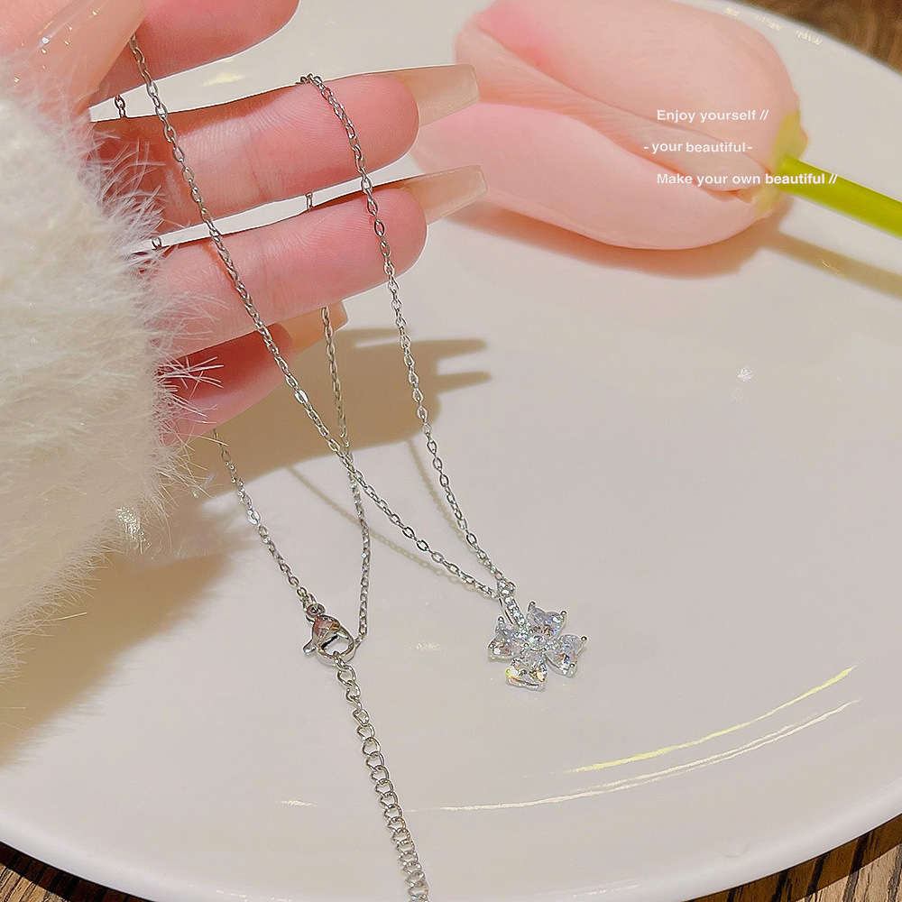Korean Version Personality Four Leaf Petal Pendant Net Red Simple Zircon Choker Sweet Niche Clavicle Chain Tide Light Luxury Necklace Specification drawing