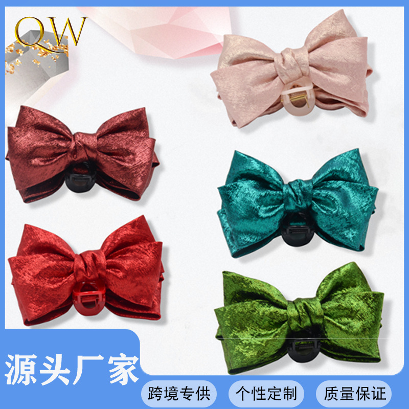 Qiwei Accessories' exclusive cross-border new satin large bow double-sided grab hair accessory, bright-colored princess hair clip