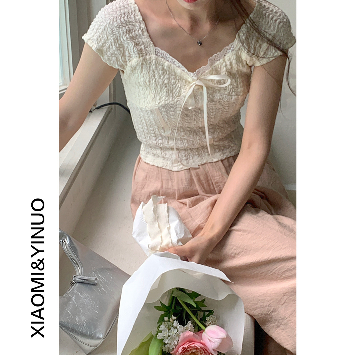 【欧凡】法式纯欲风方领蕾丝边无袖小衫女夏新款设计感短上衣9819
