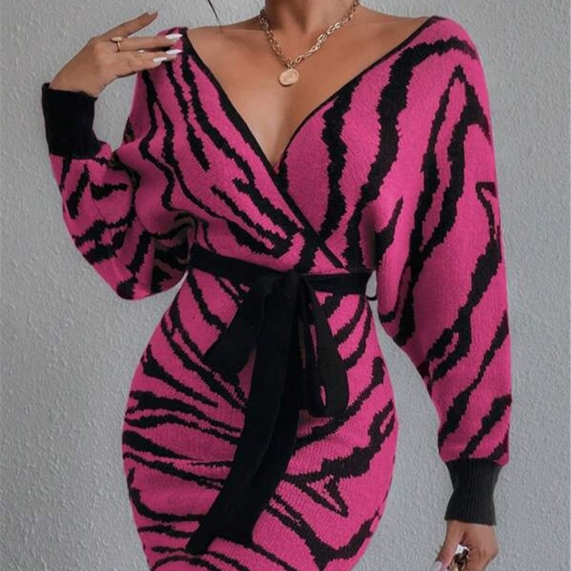 New zebra-patterned bat-sleeve lace-up sweater and V-neck high-waisted dress from cross-border Amazon in Europe and America for autumn and winter Application Scenario