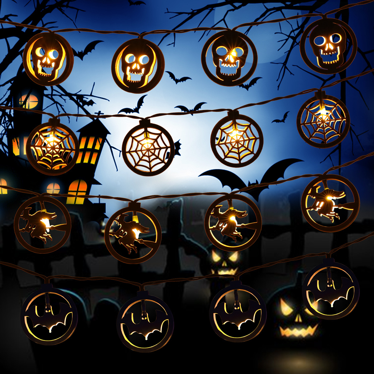 Cross-border new Halloween light string LED color lights, bat spider battery lights, Halloween wizard atmosphere decorative lights details Picture