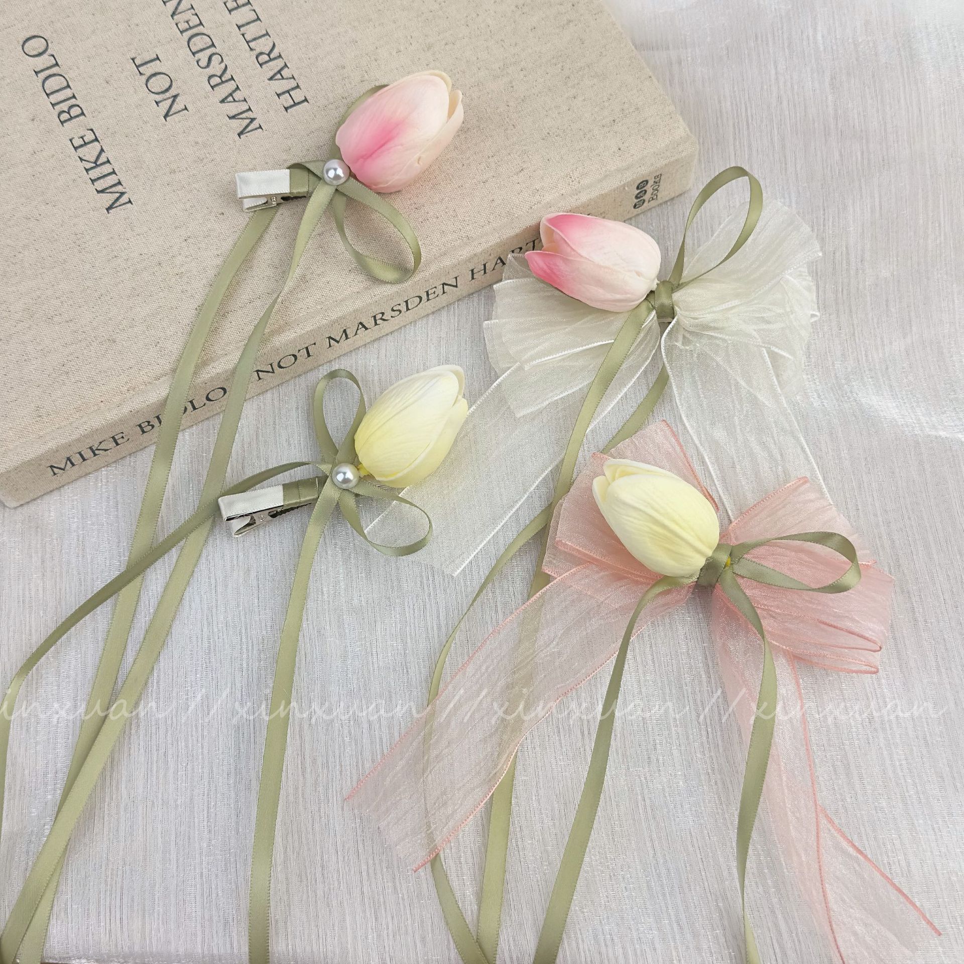 Super fairy tulip flower hair clip, women's side bangs clip, bow ribbon double ponytail hair clip, new hair accessory Specification image
