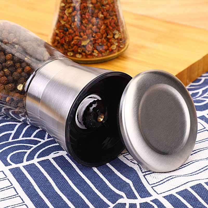 Manual Stainless Steel Grinder Seasoning Bottle Kitchen Sesame Cumin Pepper Salt Jar Rotary Grinding Glass Seasoning Bottle Specification drawing