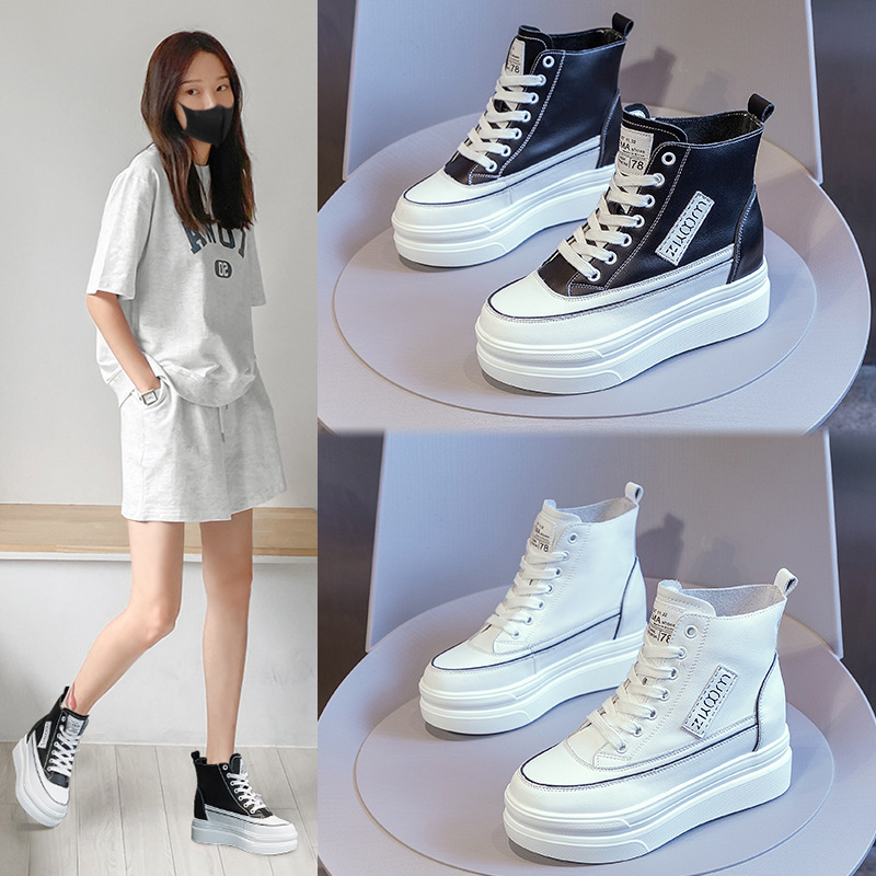 内增高8CM休闲小白鞋女 2025春季新款高帮韩版厚底松糕白鞋学生鞋