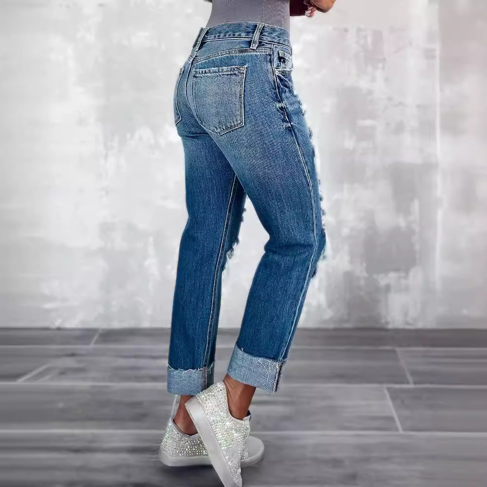2023 Amazon European and American Spring/Summer New Casual high-waisted ripped straight-leg jeans Street style long jeans for women details Picture
